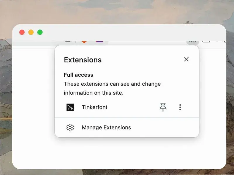 Tinkerfont replacement panel open on a live page