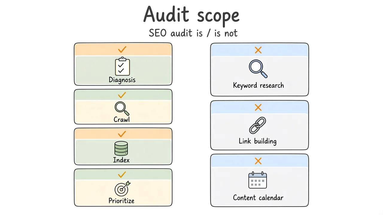 Audit scope: diagnosis and crawl versus keyword research and link building