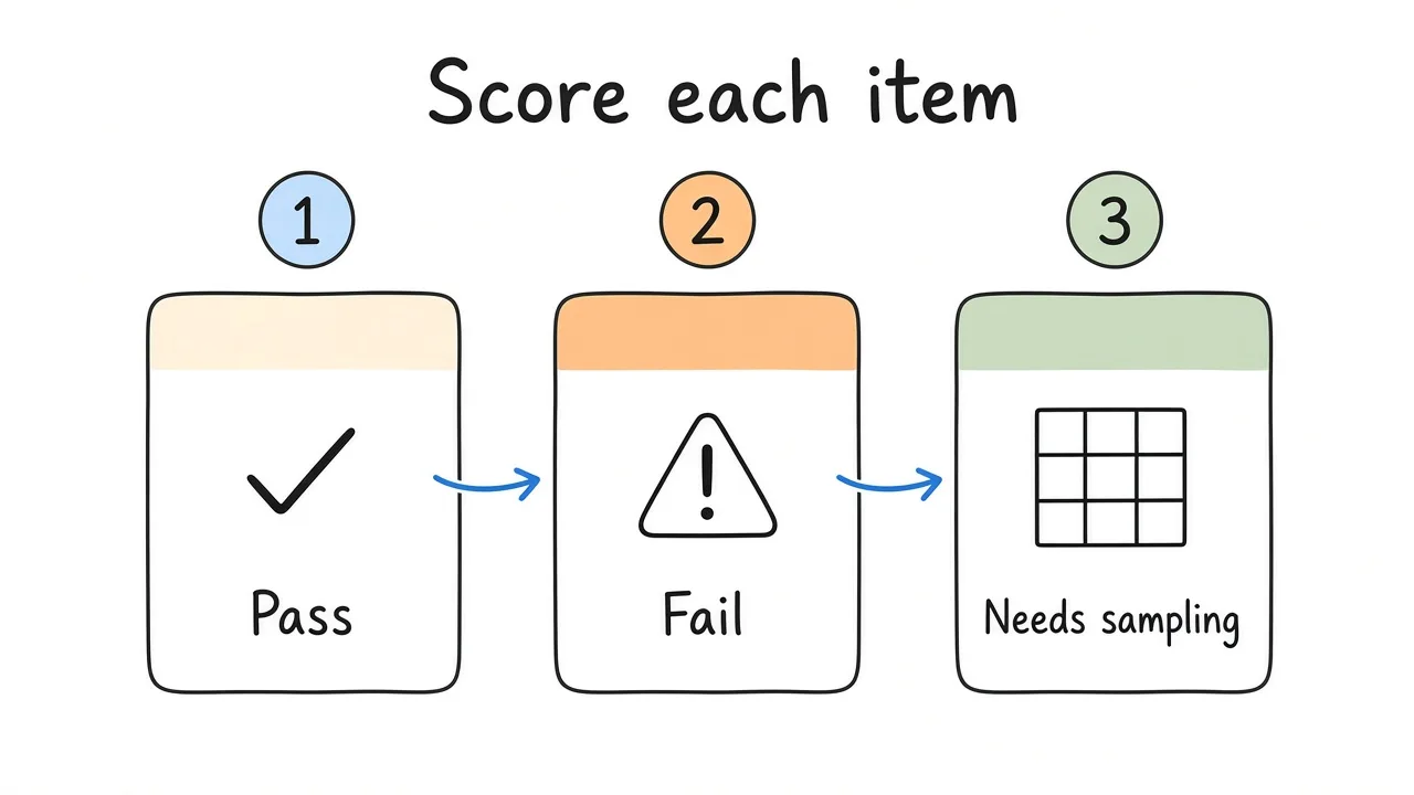 Score each checklist item as pass, fail, or needs sampling