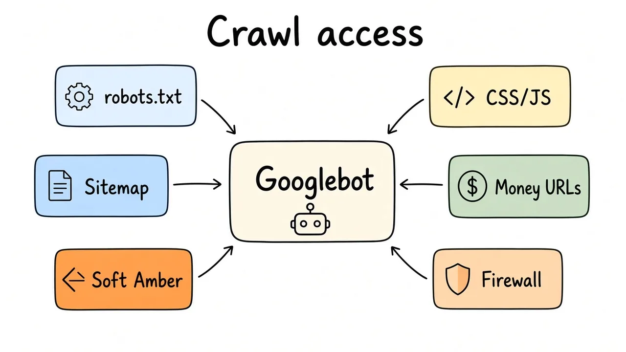 Crawl access map: Googlebot, robots.txt, sitemap, CSS/JS, money URLs, firewall