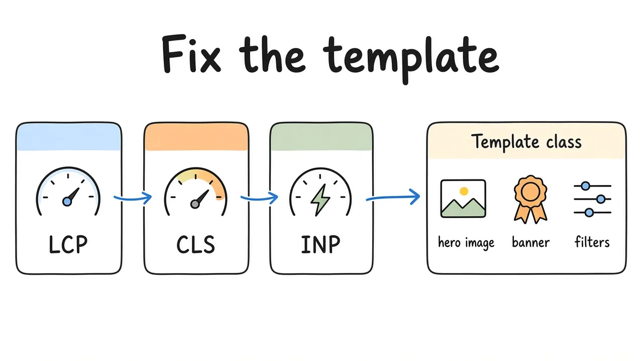 Core Web Vitals gauges for LCP, CLS, and INP pointing at the template class