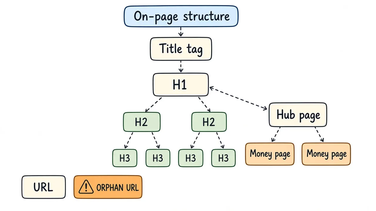On-page structure: title, H1, heading tree, hub to money links, orphan warning