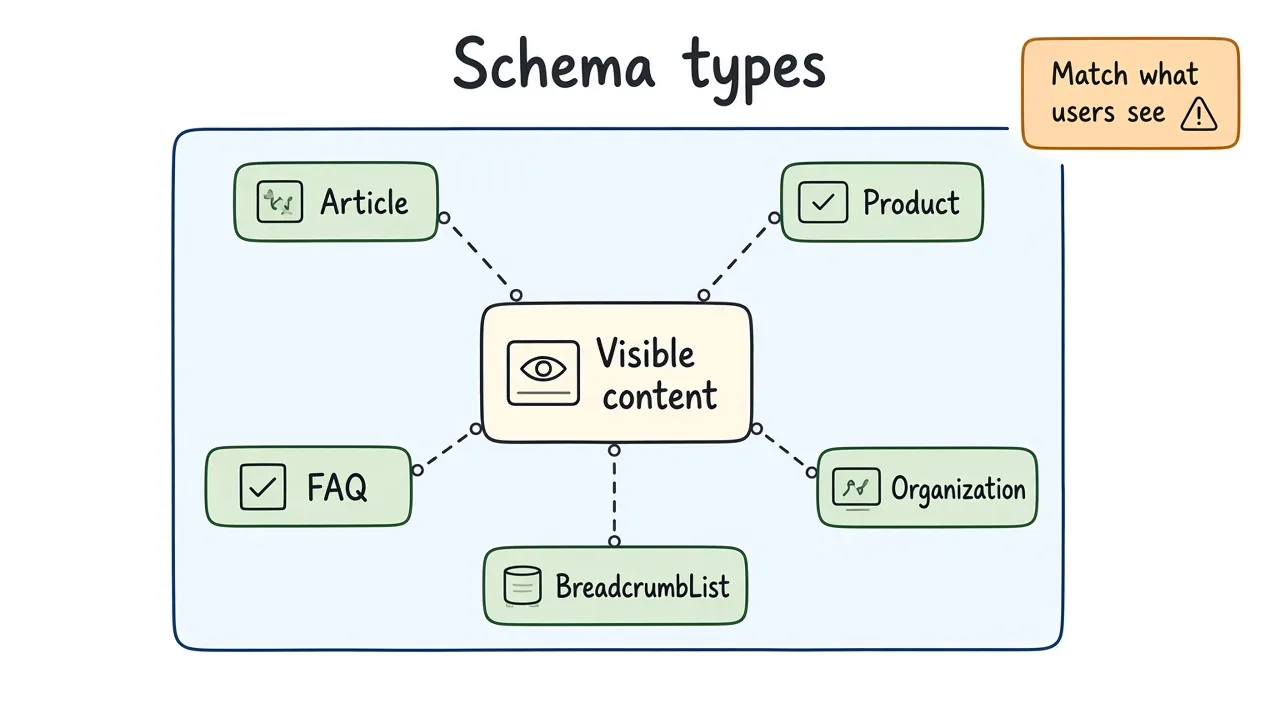 Schema types around visible content: Article, Product, FAQ, Organization, BreadcrumbList
