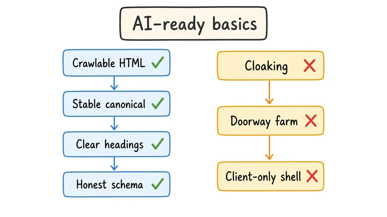 AI-ready basics: crawlable HTML and honest schema versus cloaking and doorway farms