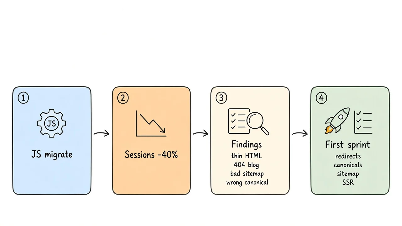 Worked scenario timeline for a redesign traffic drop and first sprint fixes