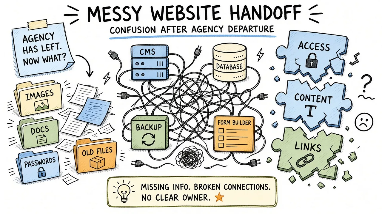 Messy agency handoff desk with overlapping reports, plugin icons, and orphan page drafts