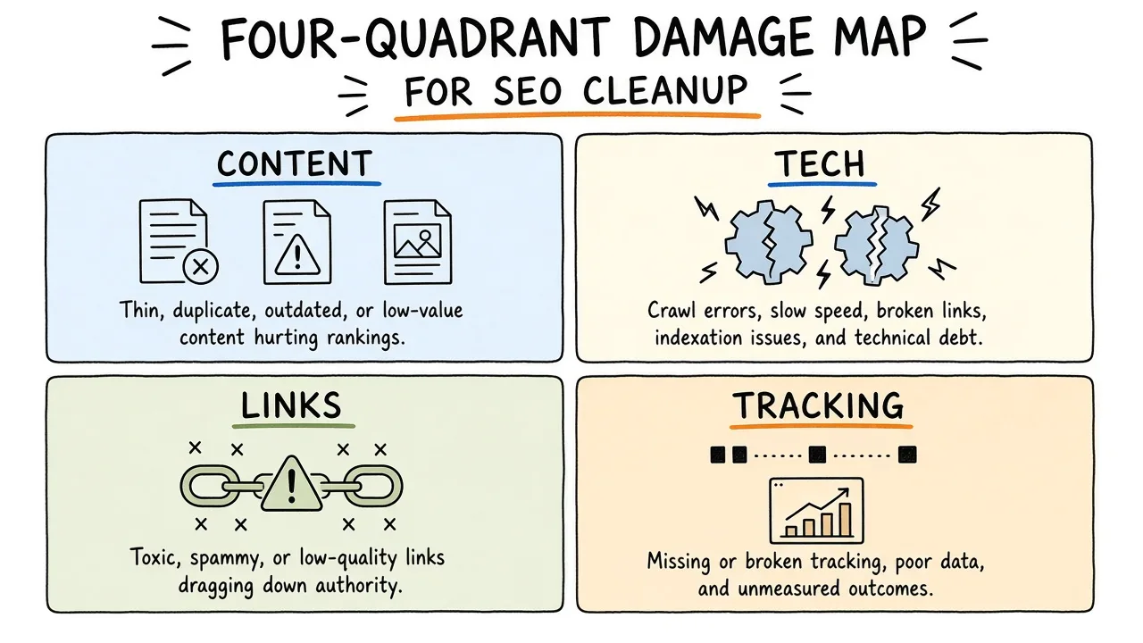 Four-quadrant damage map for content, technical SEO, links, and tracking