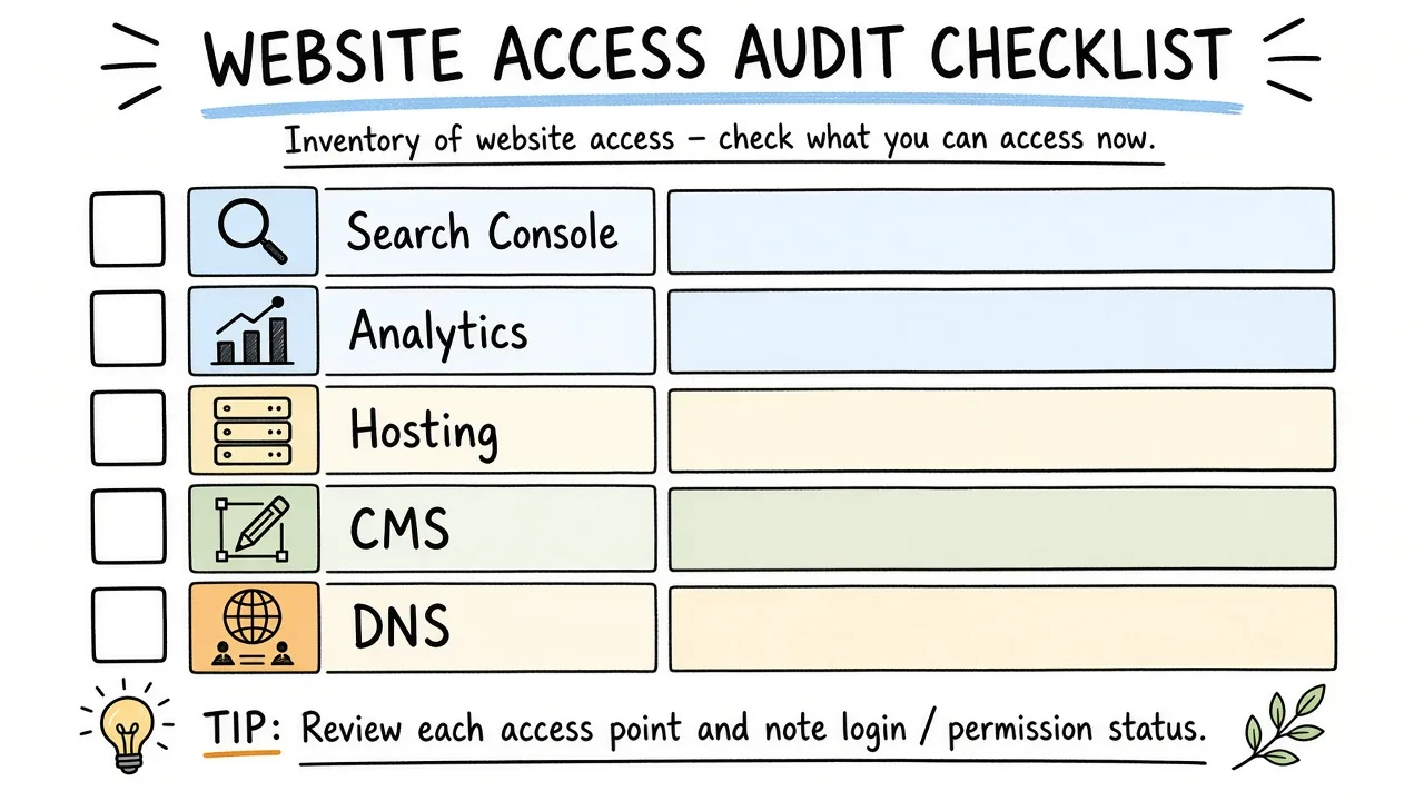Access inventory board with keys for hosting, CMS, Search Console, analytics, and DNS