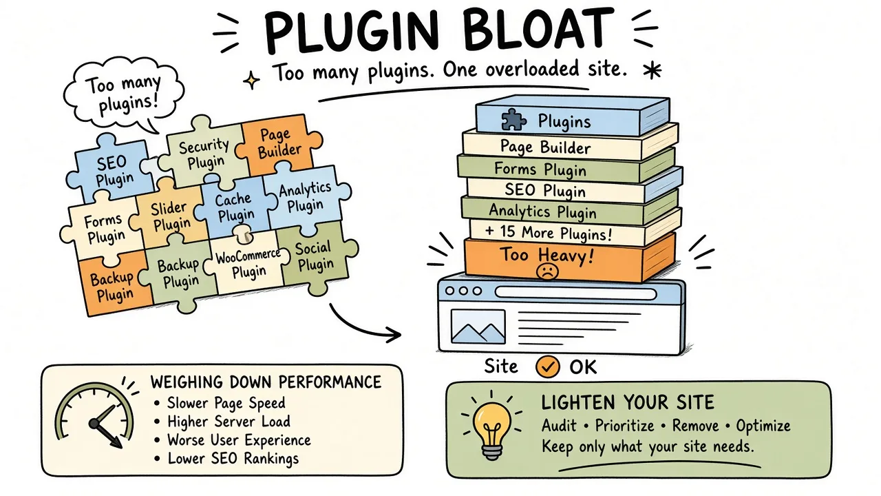 WordPress admin crowded with overlapping SEO, cache, and schema plugins