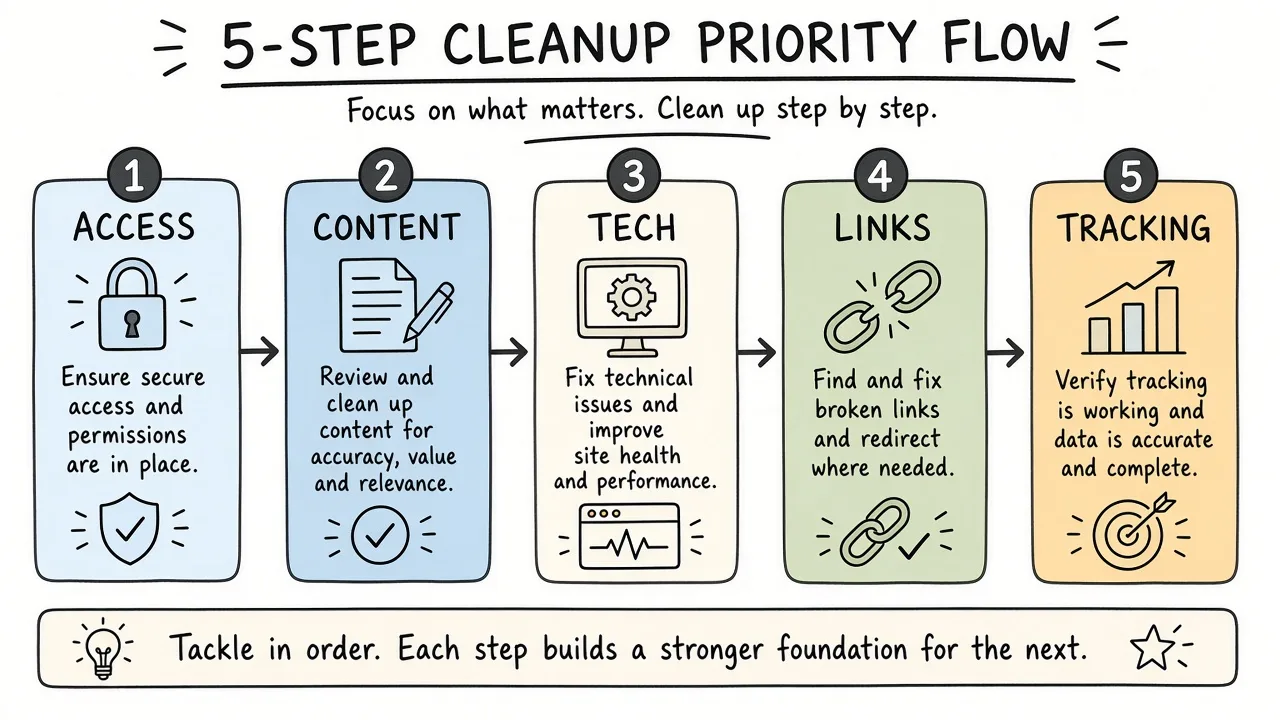 Numbered cleanup staircase from access lock to content rewrite