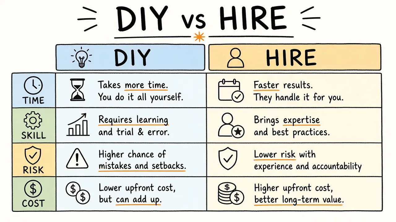 Decision fork between DIY cleanup checklist and hiring an SEO rescue specialist