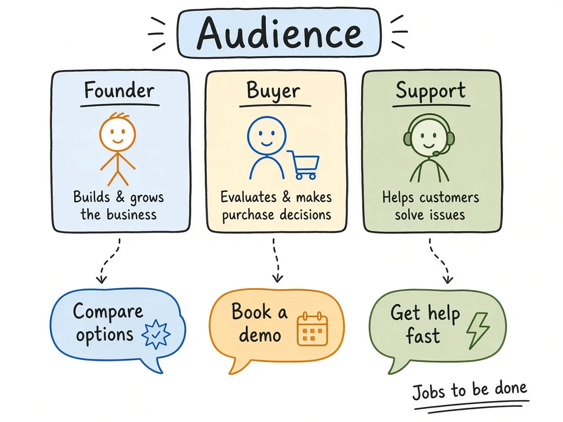 Audience cards with jobs and objections