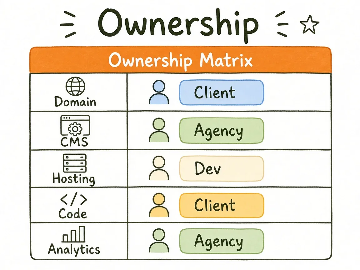 Ownership map for domain, hosting, repo, and analytics