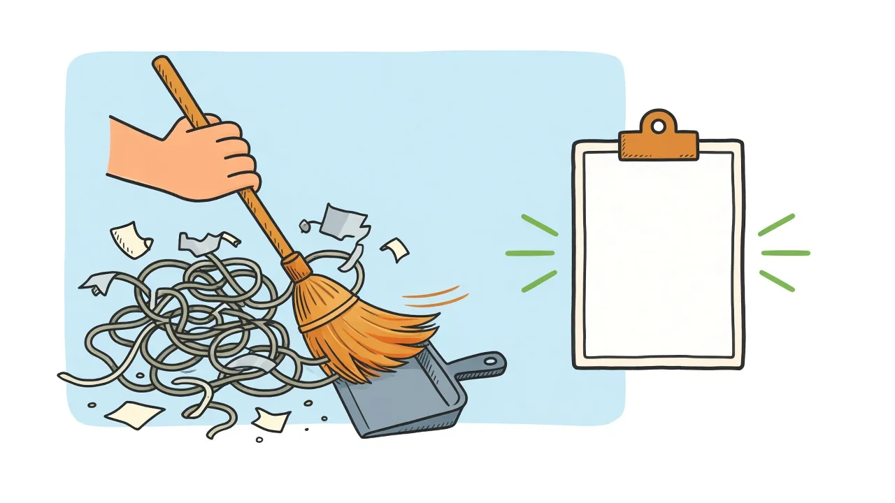 Hand-drawn sketchnote of a broom sweeping tangled cables, sticky notes, and broken links into a dustpan