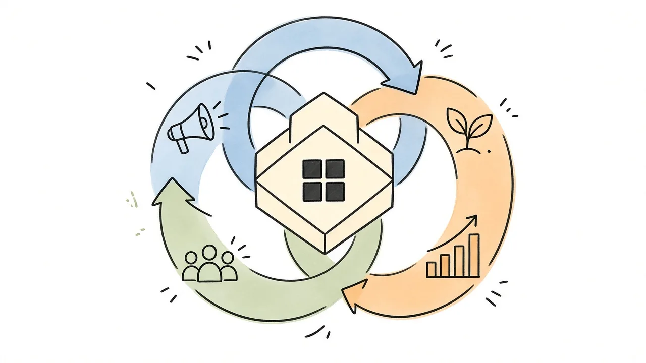 connected loops/funnel and product site metaphor, no text