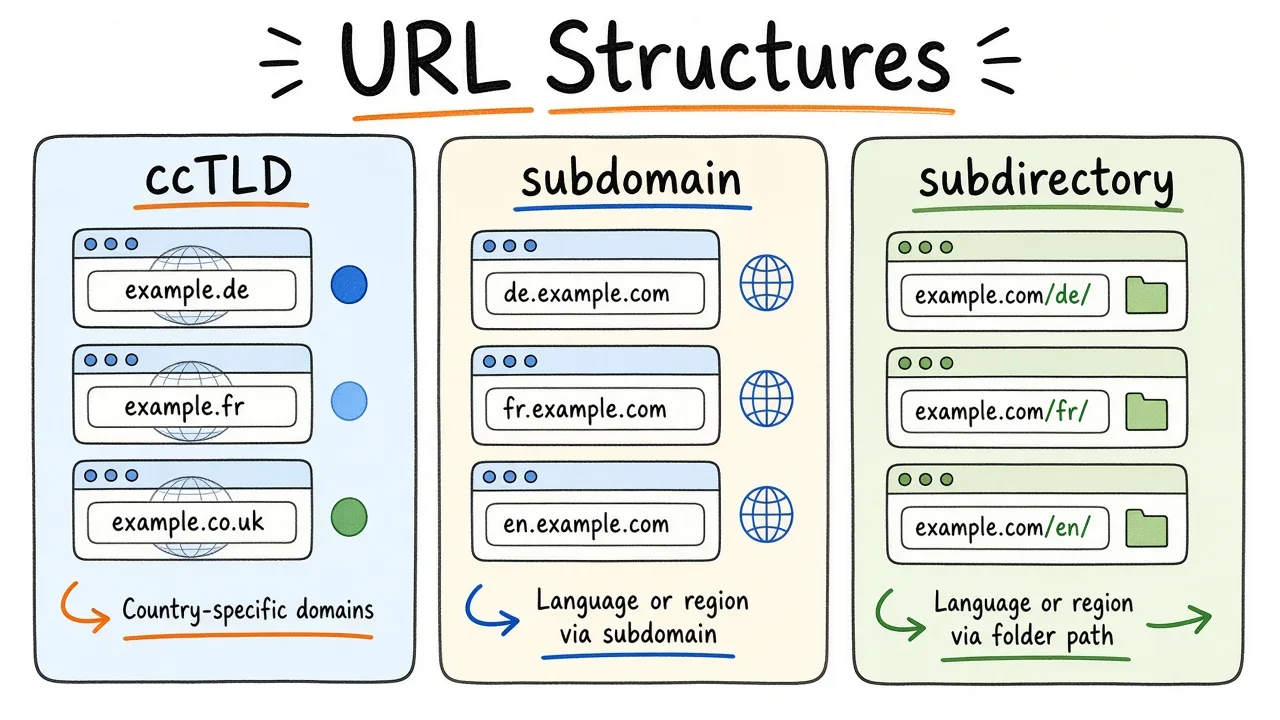 Three URL patterns for multilingual sites: ccTLD, subdomain, and subdirectory