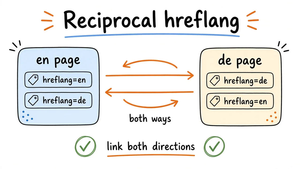 Reciprocal hreflang arrows between English and German pages