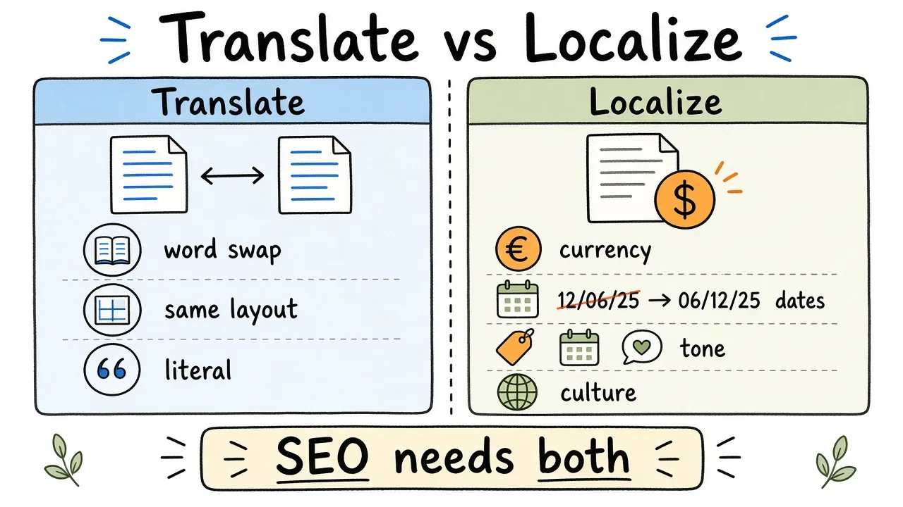 Localization layers beyond raw translation: currency, legal, examples, search phrasing