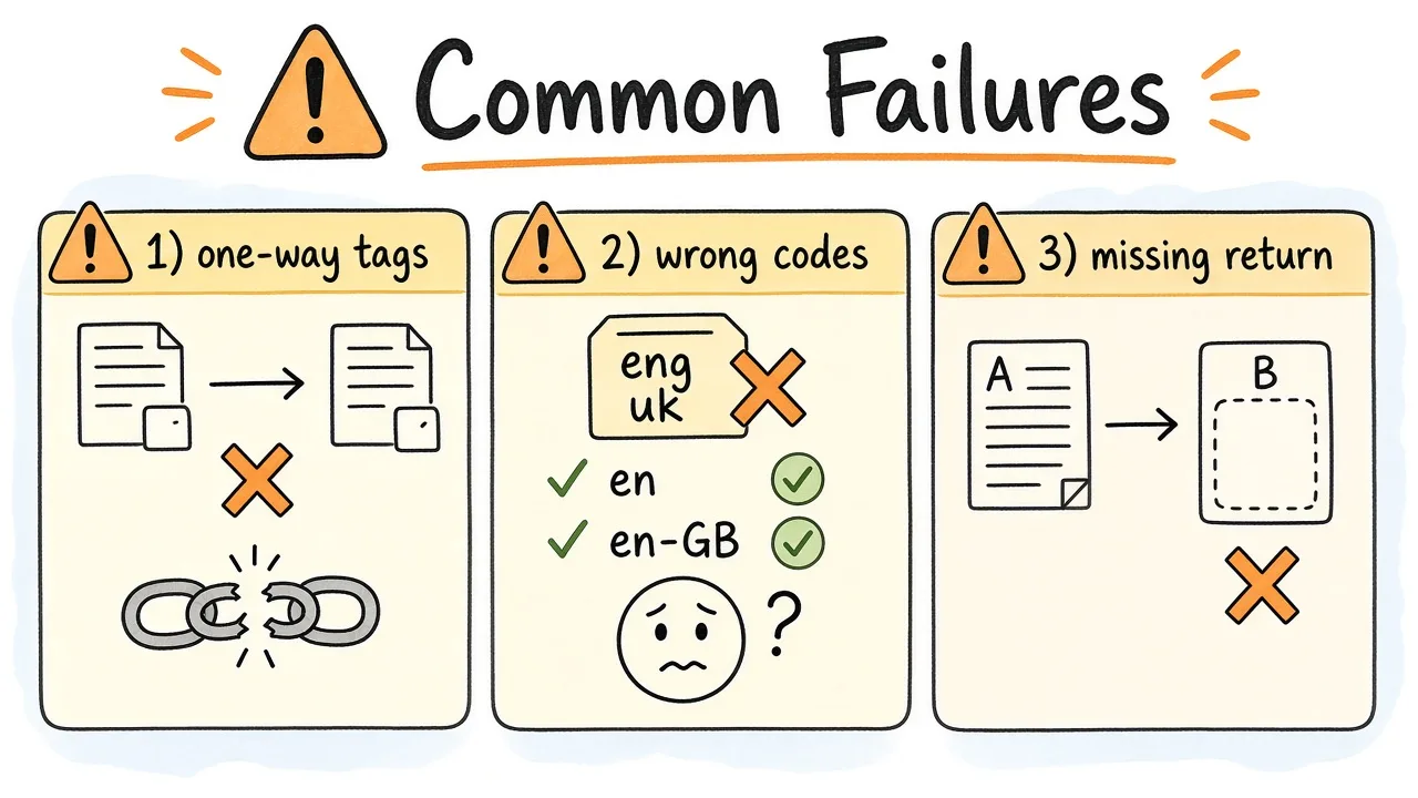 Common failure icons: one-way tags, bad codes, noindex targets, mixed hosts