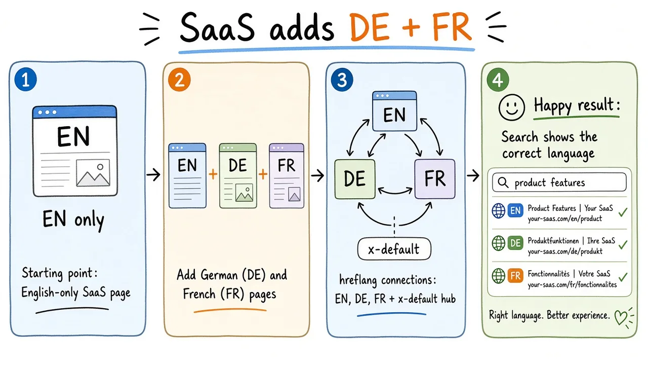 SaaS site adding /de/ and /fr/ with mapped home, pricing, and product URLs