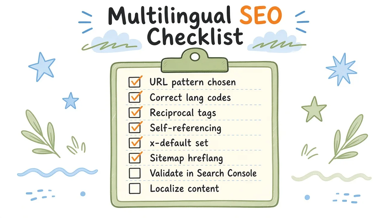 Checklist clipboard for multilingual SEO and hreflang launch readiness