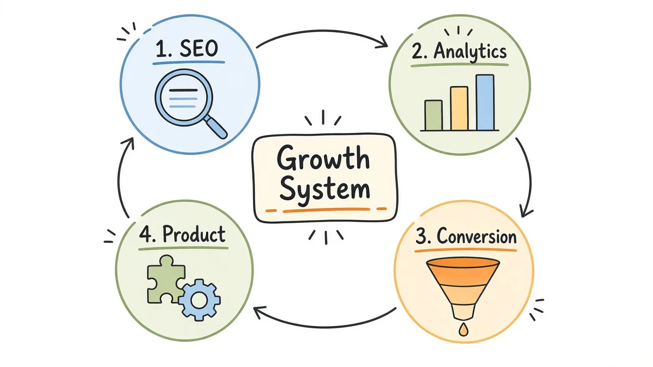 Four connected loops: SEO, analytics, conversion, and product-led growth around a product site