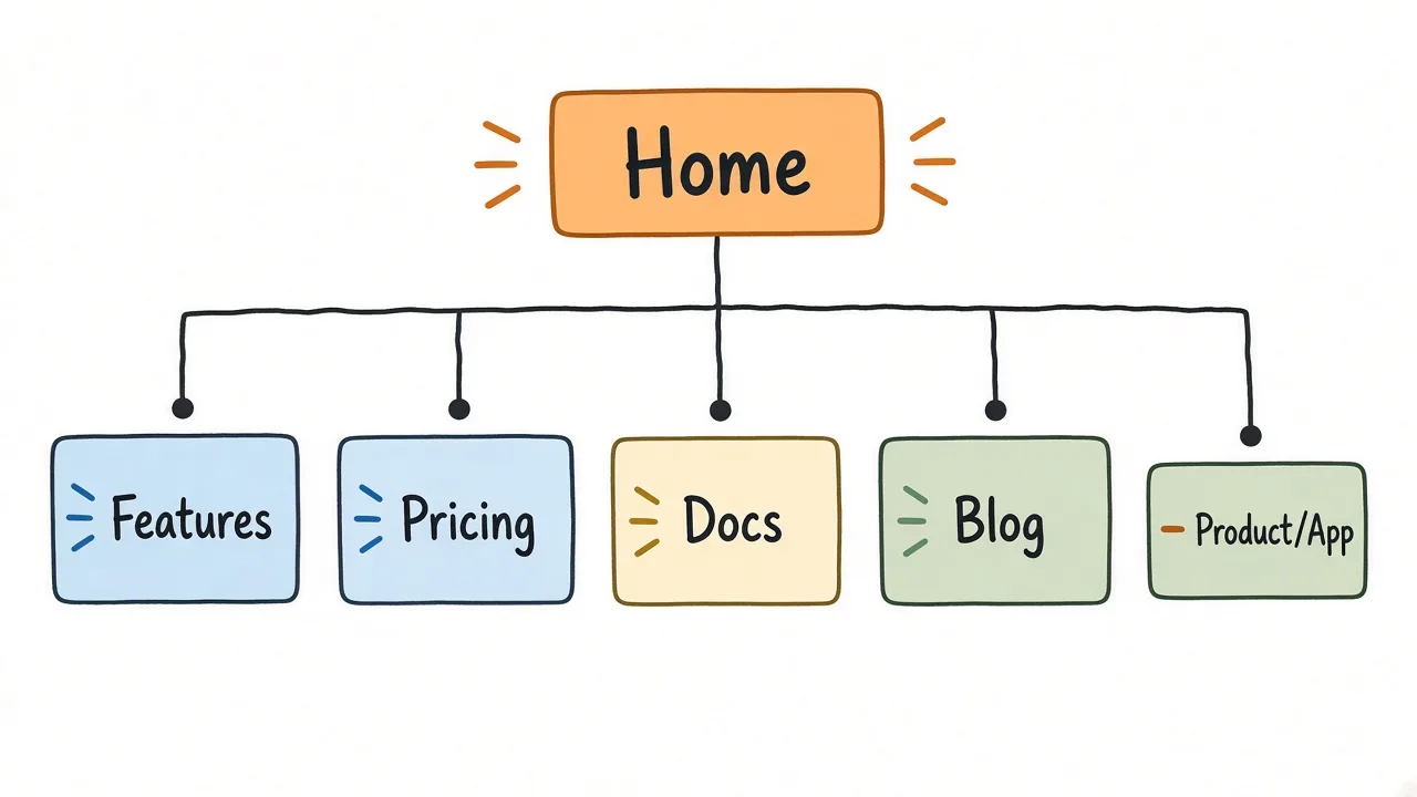 Site IA hubs: home, product, pricing, proof, docs, learn, with arrows toward trial and demo