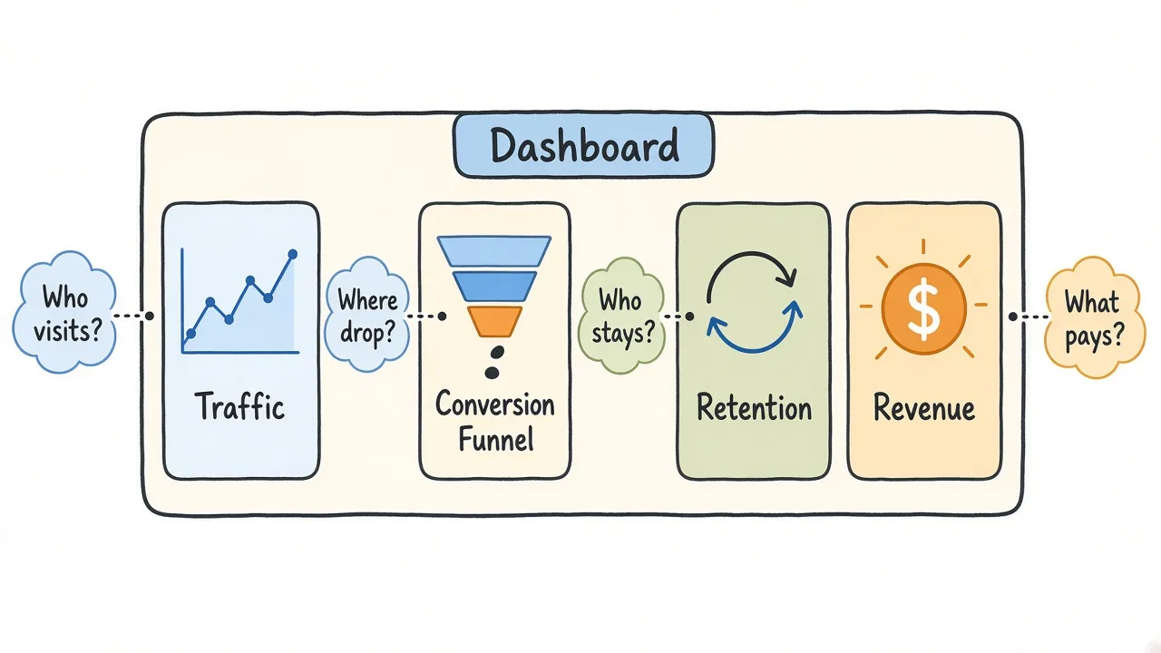 Analytics decision questions linked to a thin event set on product and marketing pages