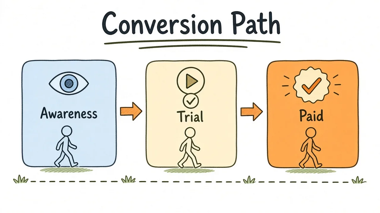 Conversion paths by stage: research, evaluation, ready to start, and returning users