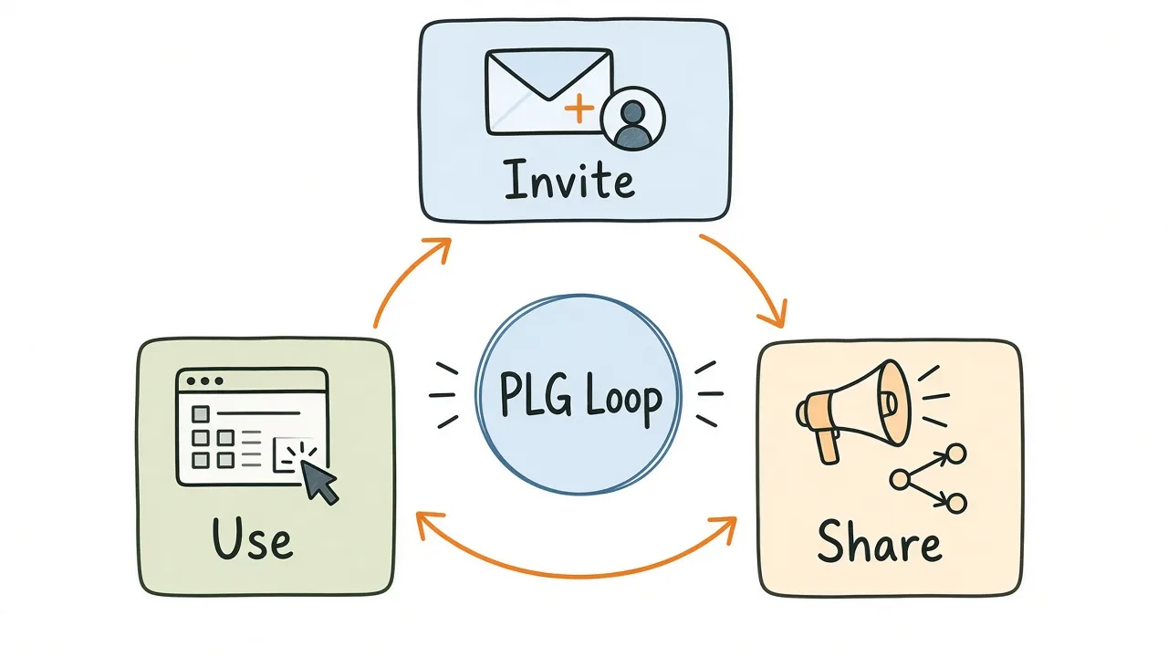 Product-led loop connecting in-app value, invites, docs, changelog, and marketing proof pages