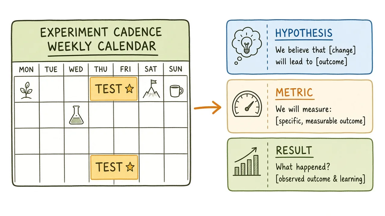 Experiment cadence: weekly learn, monthly portfolio, quarterly ICP and packaging review
