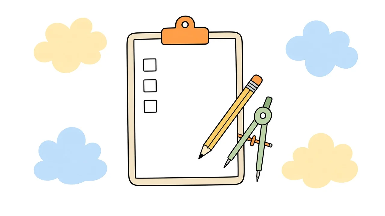 Hand-drawn sketchnote of a blank checklist clipboard with a pencil and drafting compass