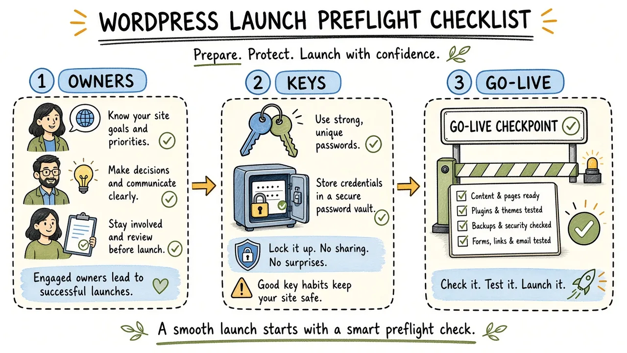 Preflight board with owners for domain, DNS, hosting, WordPress admin, and analytics