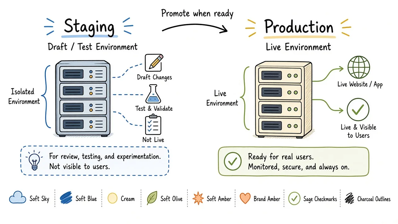Hosting stack with HTTPS, PHP version, database, and mail delivery
