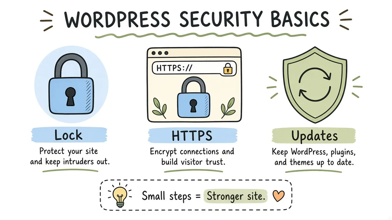 Security baseline icons for passwords, updates, login protection, and file permissions