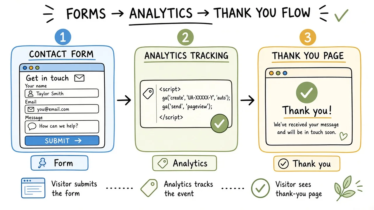 Forms and analytics wiring from site to inbox, CRM, and reporting