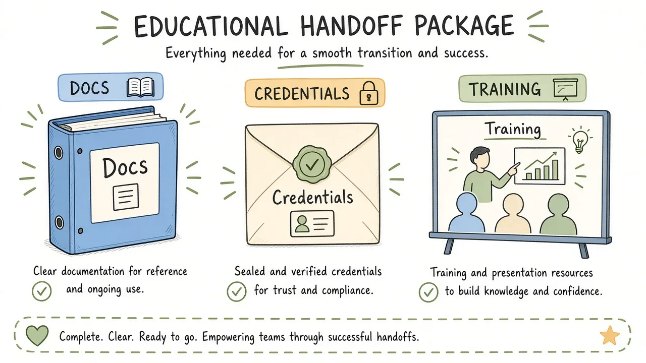 Handoff packet with logins map, editor training, and support window