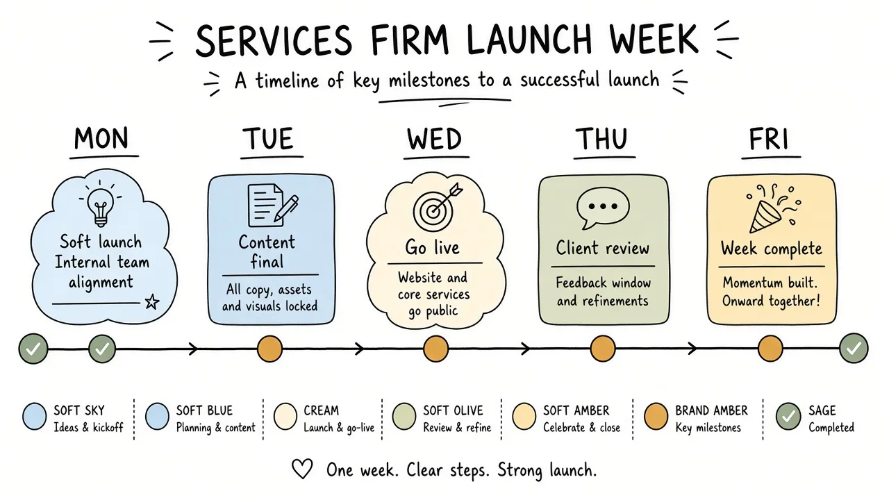 Timeline of a one-week launch with daily gates