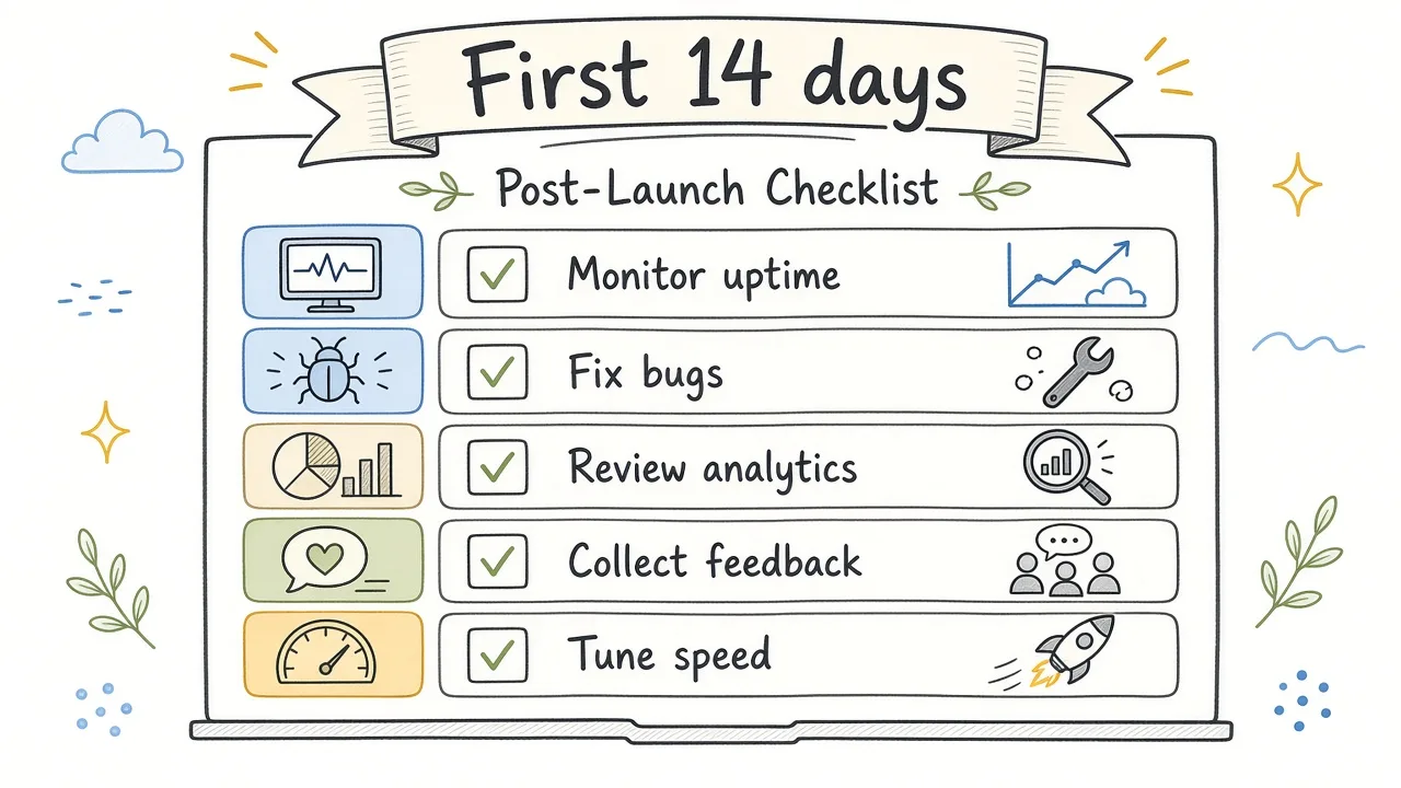 Post-launch monitoring loop for logs, backups, forms, and Search Console